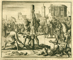 Crucifixion of apostle Peter, Rome, AD 69 (Eeghen 663) from "Martyr's Mirror," illustrations here.